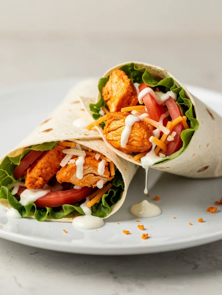 Buffalo chicken wraps with lettuce, tomatoes, shredded cheese, and creamy dressing on a white plate.