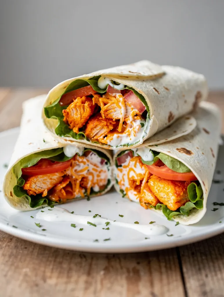Buffalo chicken wraps stacked on a plate with lettuce, tomatoes, cheese, and creamy ranch dressing.