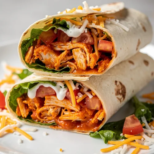Buffalo chicken wraps filled with shredded chicken, lettuce, tomatoes, cheese, and creamy dressing.