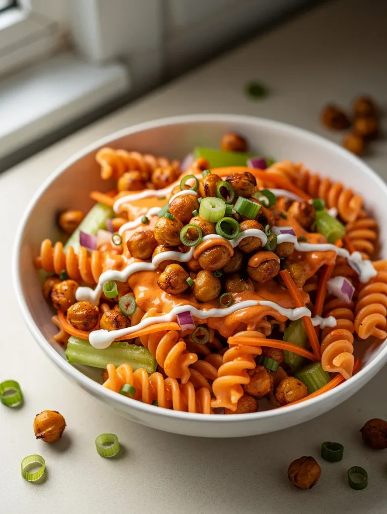 Buffalo chickpea pasta salad with rotini pasta, roasted chickpeas, celery, carrots, and creamy dressing