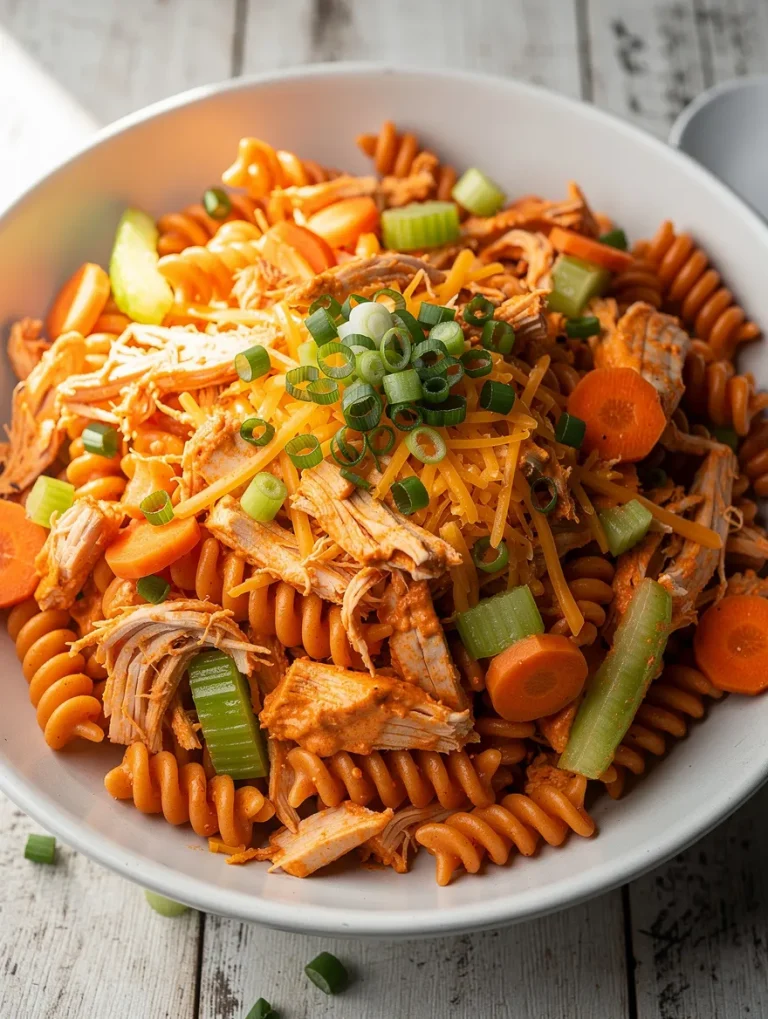 Buffalo chicken pasta salad with rotini, cheddar cheese, celery, and green onions