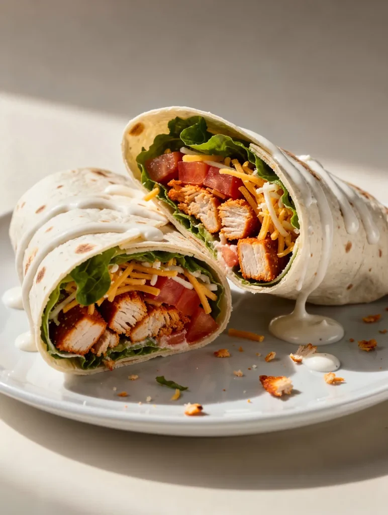 Buffalo ranch chicken wrap sliced in half with crispy chicken, lettuce, tomatoes, shredded cheese, and creamy ranch dressing on a white plate.