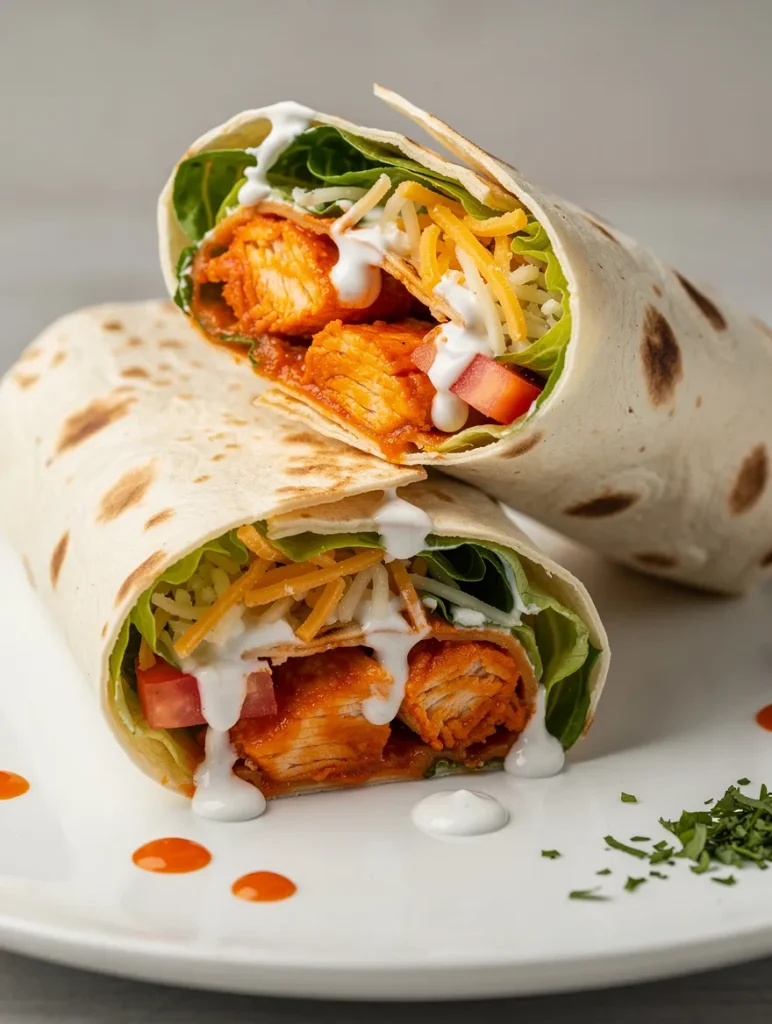 Buffalo ranch chicken wraps filled with spicy chicken, lettuce, tomatoes, shredded cheese, and ranch dressing on a white plate.