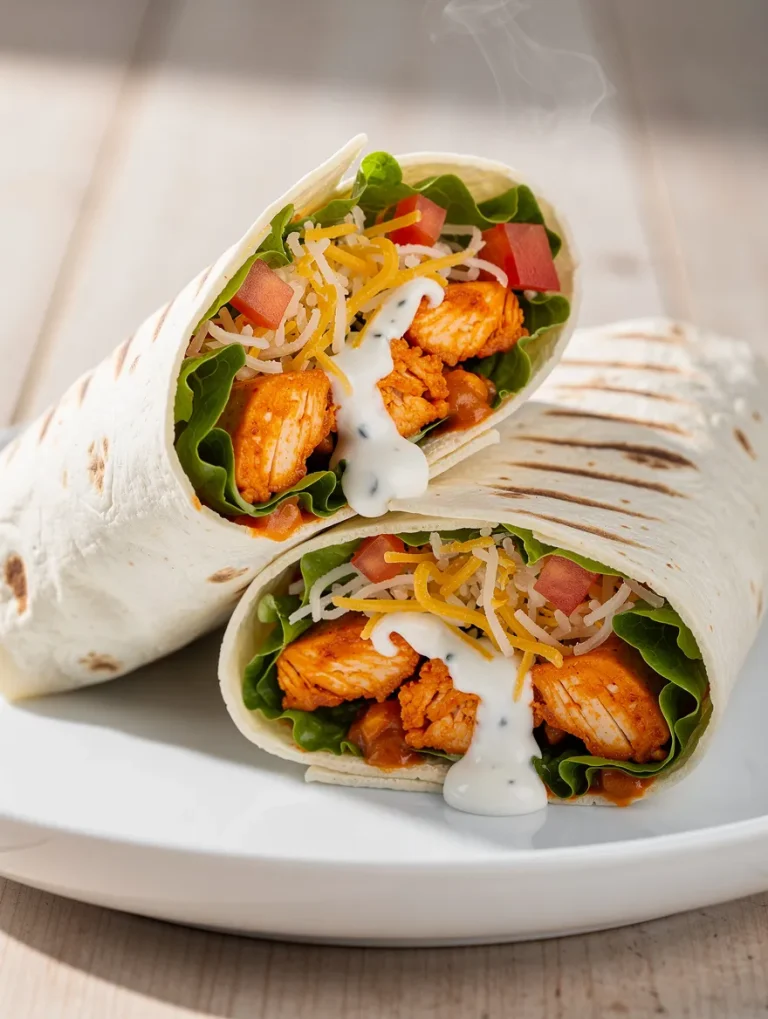 Buffalo ranch chicken wraps filled with spicy chicken, lettuce, tomatoes, shredded cheese, and creamy ranch dressing on a white plate.