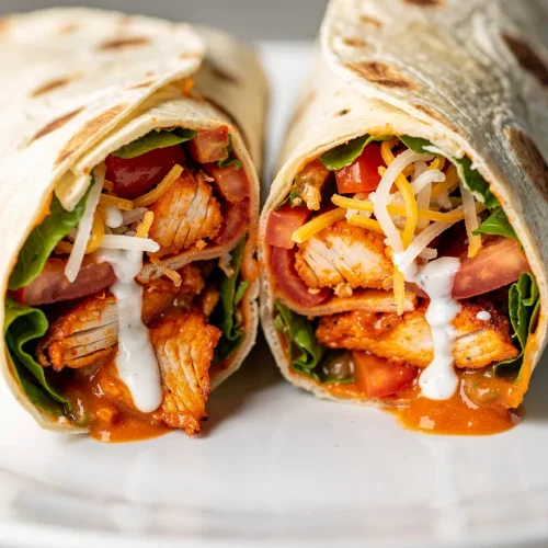 Buffalo ranch chicken wrap cut in half with spicy chicken, lettuce, tomatoes, shredded cheese, and creamy ranch sauce on a white plate.