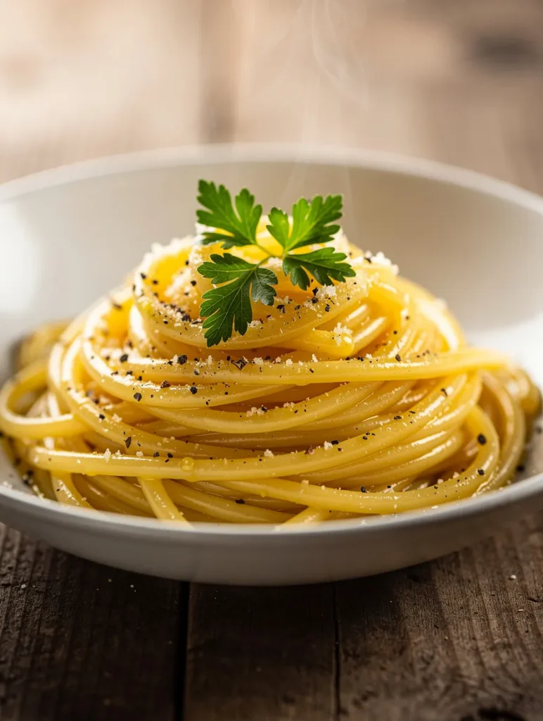 Creamy butter parmesan pasta garnished with parsley and black pepper in a white bowl