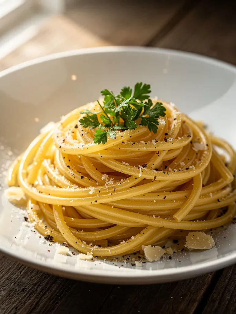 Butter parmesan spaghetti topped with parsley, parmesan cheese, and black pepper in a white bowl