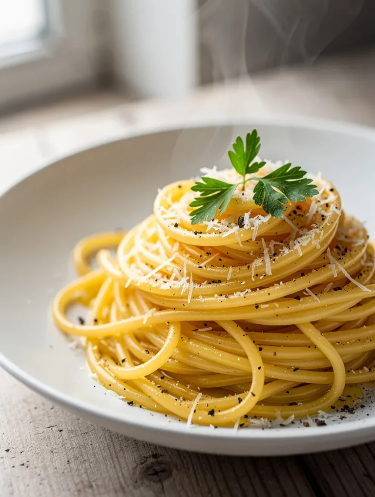 Butter parmesan pasta topped with grated parmesan cheese and parsley on a white plate