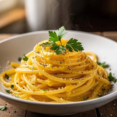 Steaming butter parmesan pasta garnished with parsley and black pepper in a white bowl