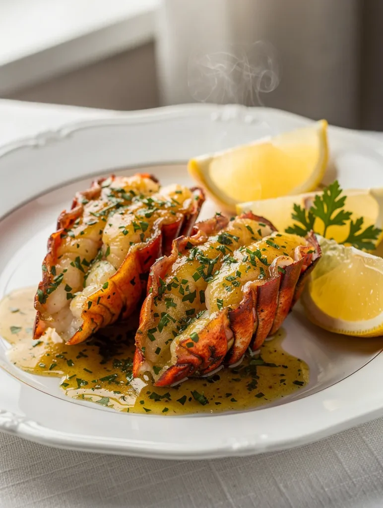 Steaming butter-poached lobster tails with garlic herb sauce and lemon wedges