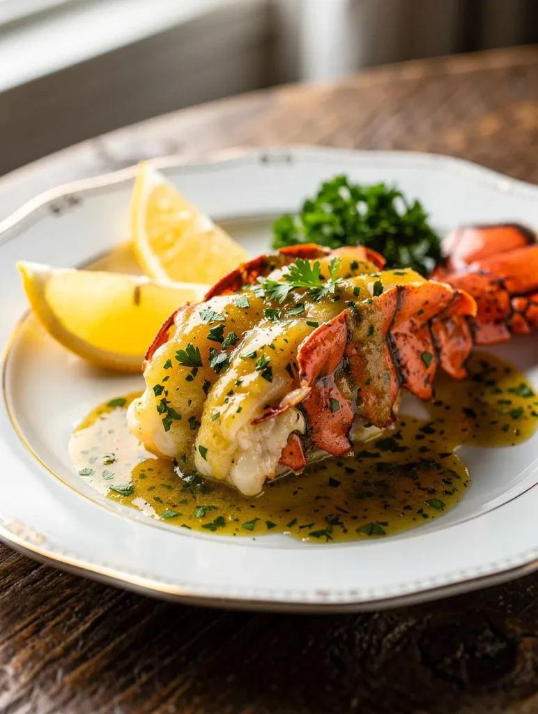 Butter-poached lobster tail with herb butter sauce served on a white plate with lemon wedges