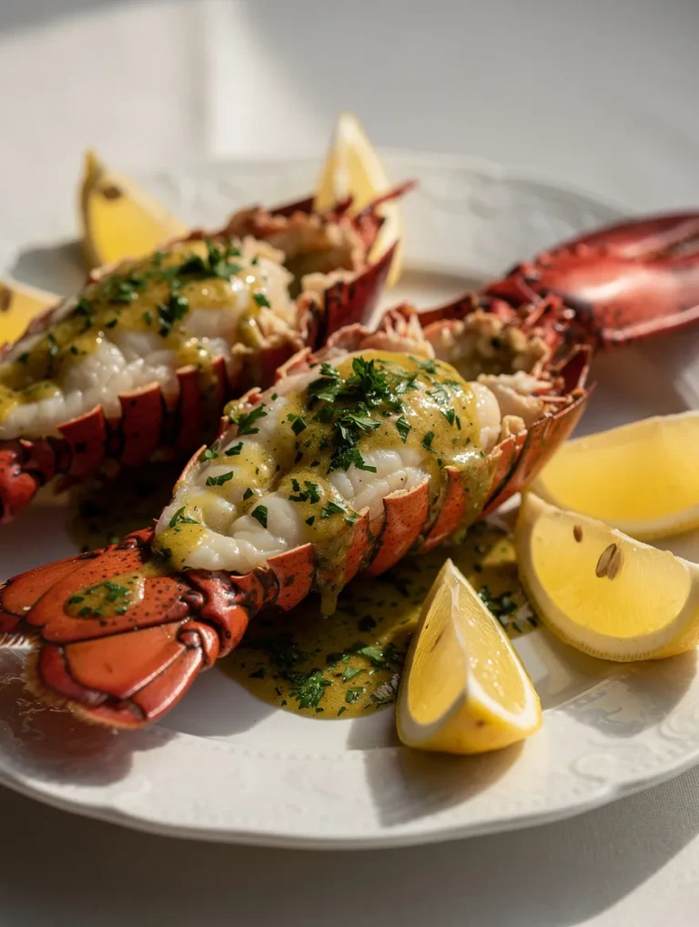 Butter-poached lobster tails served with lemon wedges and herb butter sauce