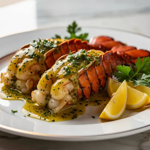 Butter-poached lobster tails with lemon wedges and parsley butter sauce on a white plate