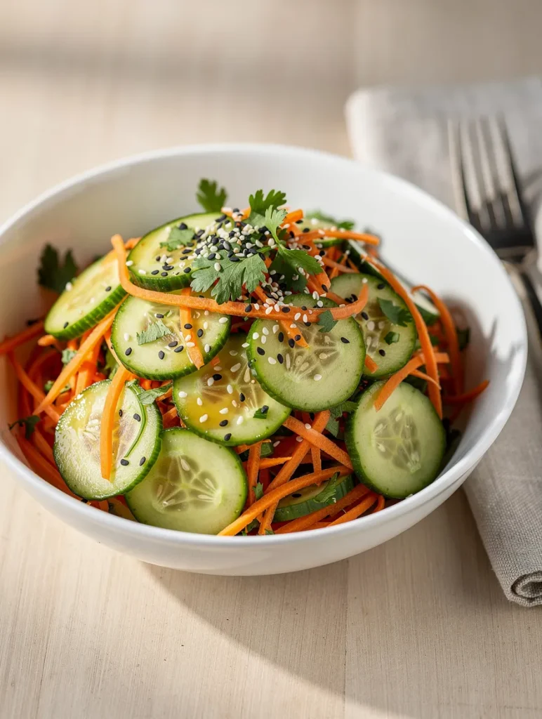 Carrot and cucumber salad with sesame seeds and fresh herbs in a white bowl