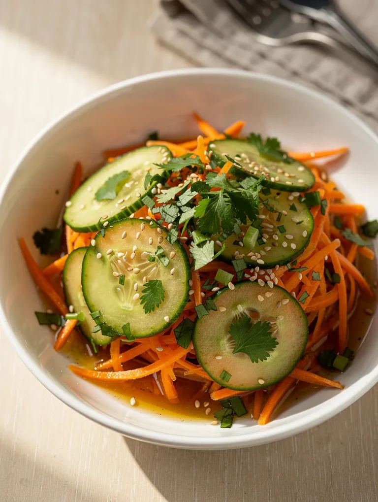 Carrot and cucumber salad with sesame seeds and fresh herbs in a white bowl