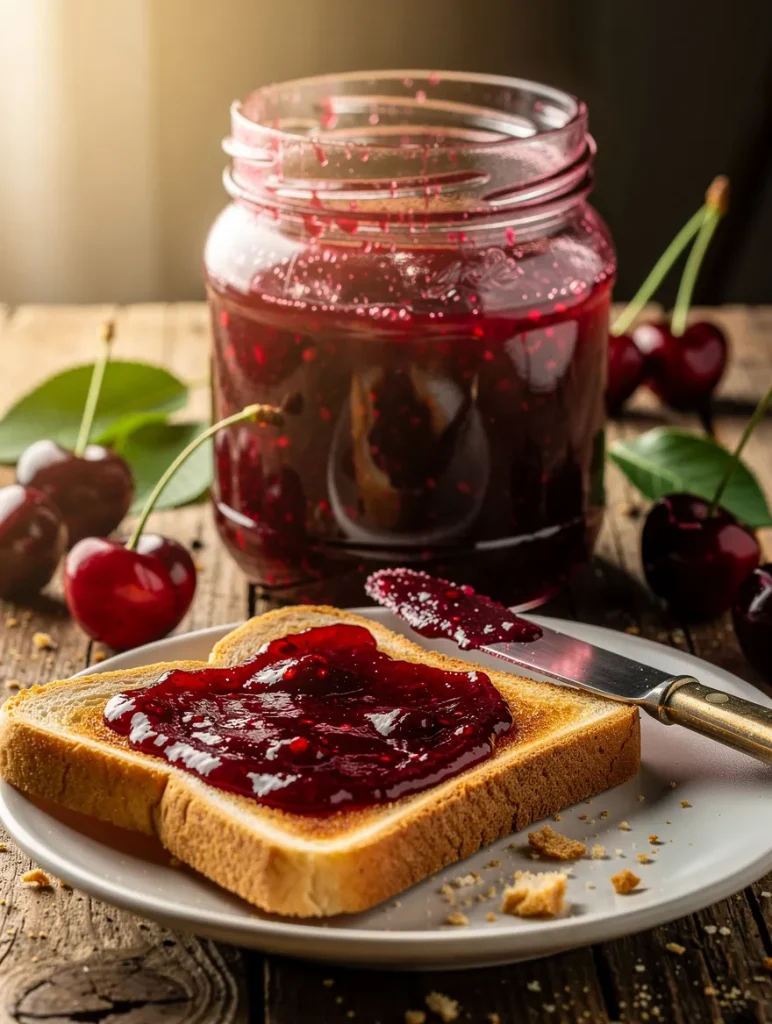 Toast with cherry jam, knife, and jar of homemade cherry jam with fresh cherries