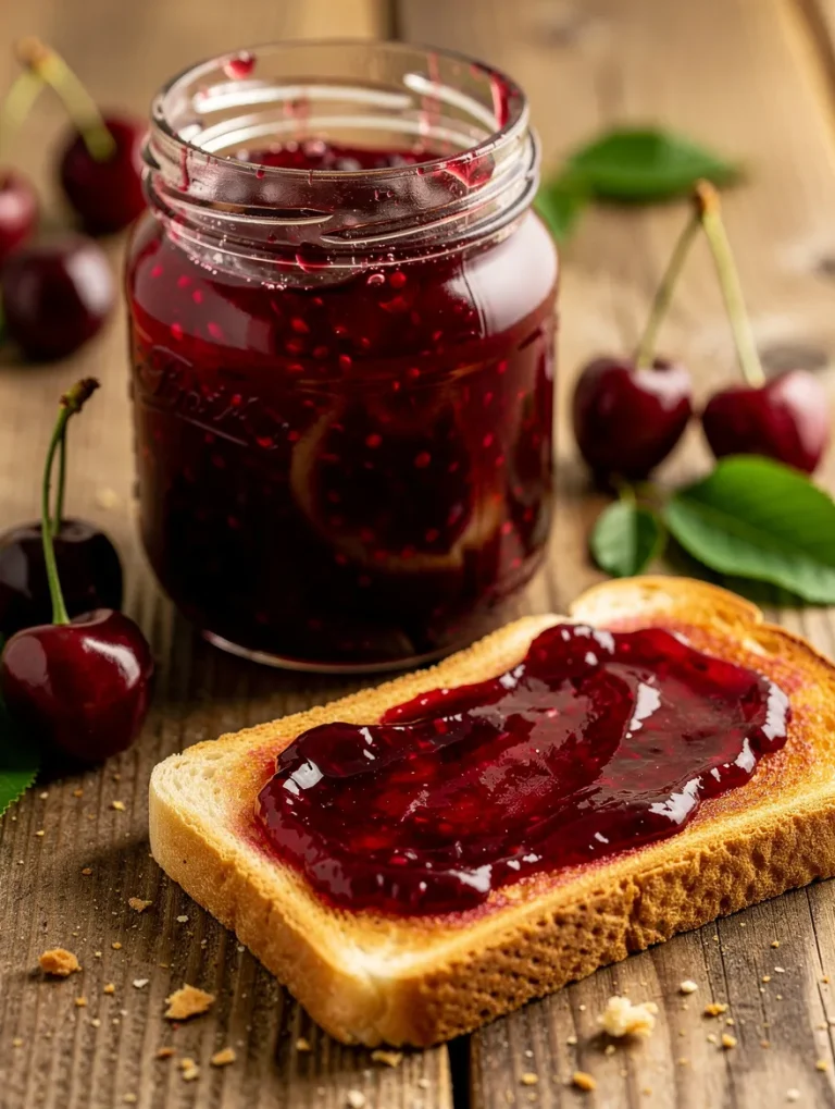 Toast with cherry jam and jar of homemade cherry jam with fresh cherries