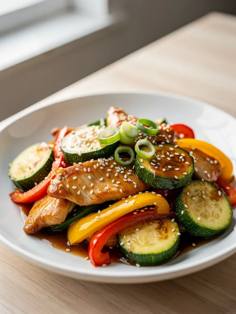 Chicken zucchini stir fry with colorful bell peppers, sesame seeds, and green onion garnish