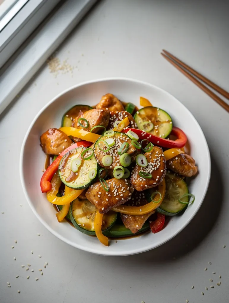 Chicken zucchini stir fry bowl with bell peppers, sesame seeds, and sliced green onions