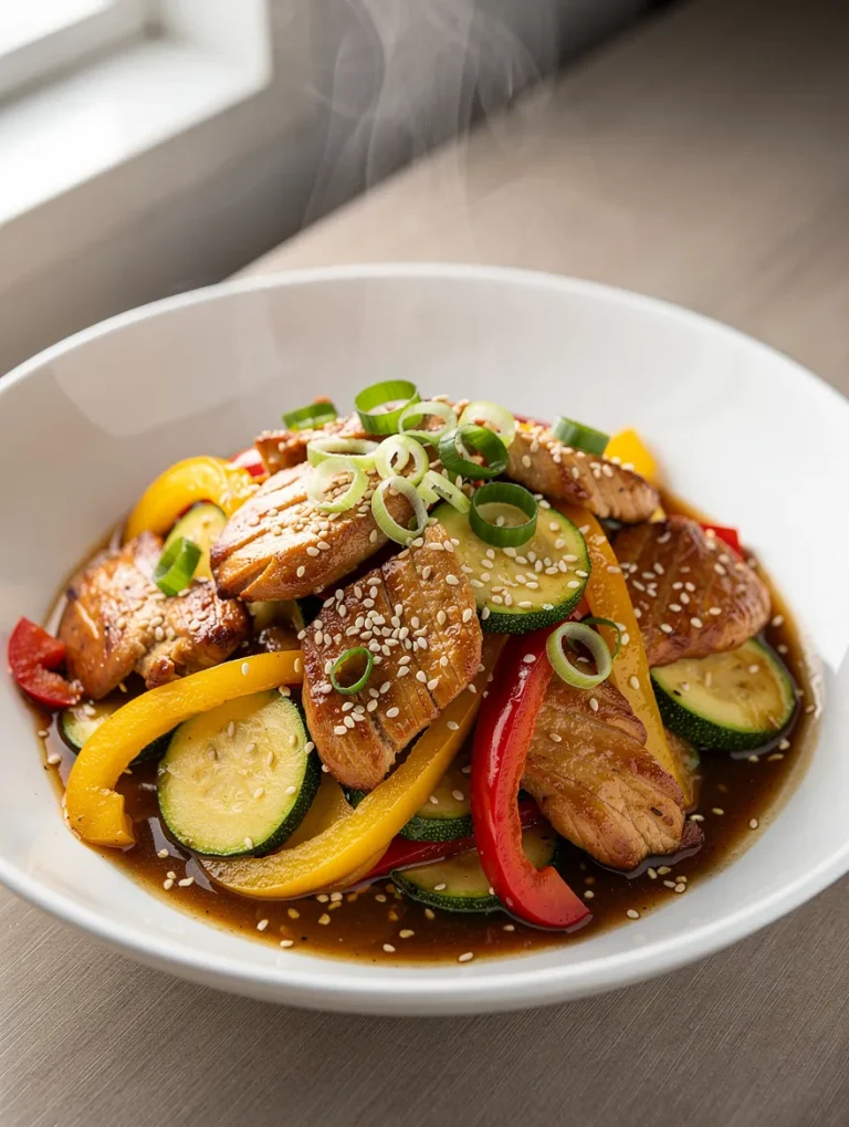 Chicken zucchini stir fry with bell peppers, sesame seeds, and green onions in savory sauce