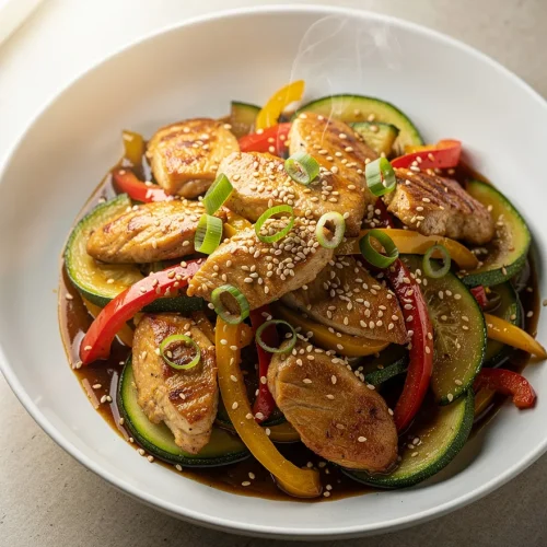 Chicken zucchini stir fry with bell peppers, sesame seeds, and green onions in savory sauce