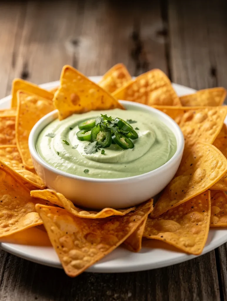 Creamy jalapeño dip in a bowl surrounded by crispy tortilla chips