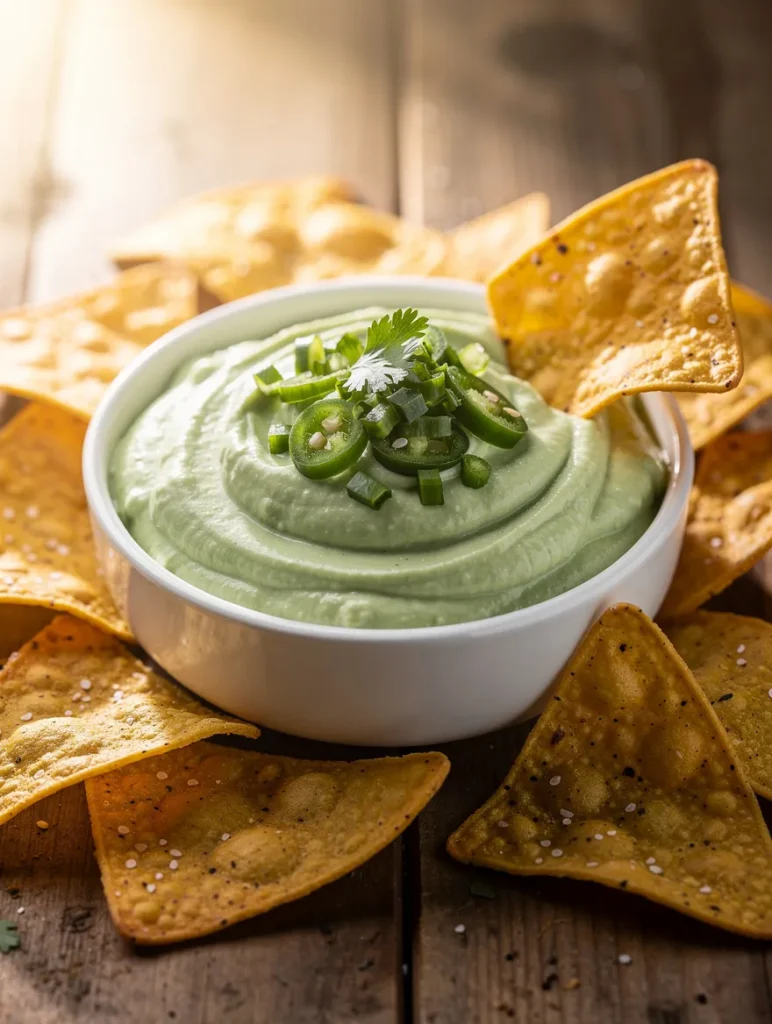 Creamy jalapeño dip garnished with sliced jalapeños and herbs, served with tortilla chips