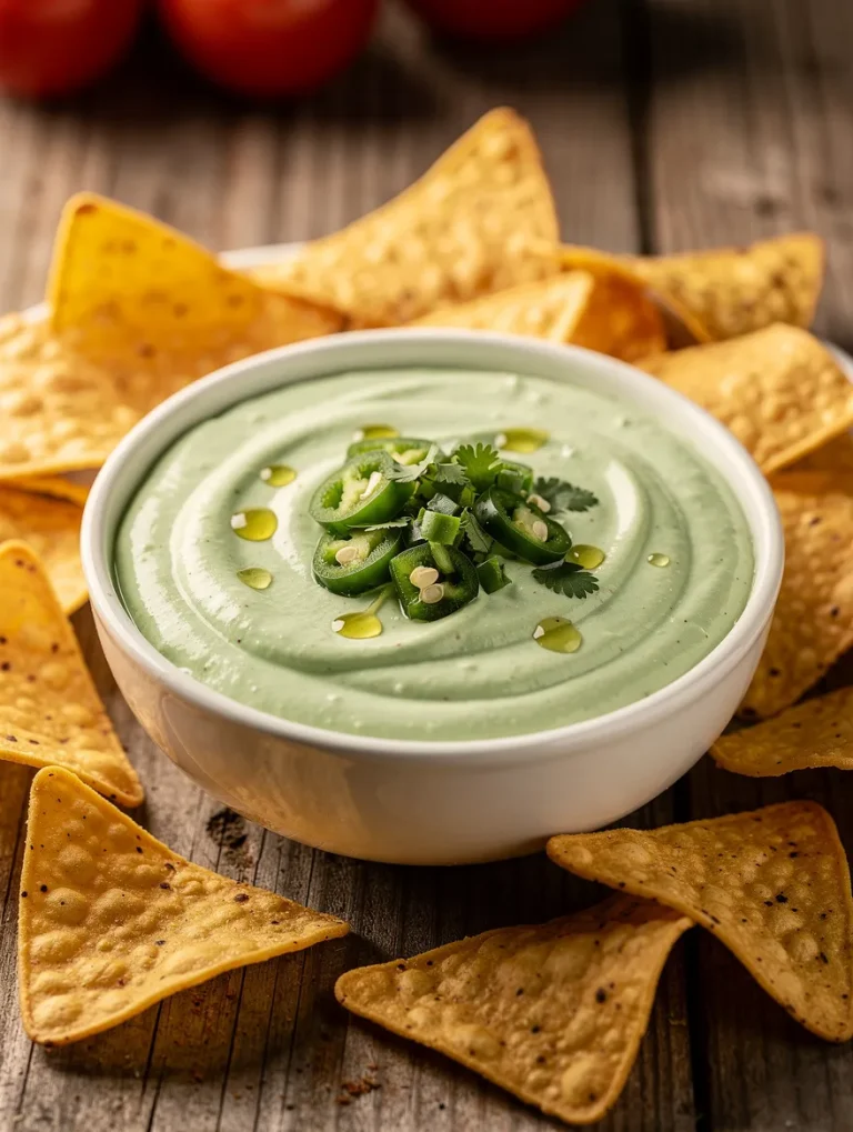 Creamy jalapeño dip topped with sliced jalapeños and cilantro, served with tortilla chips