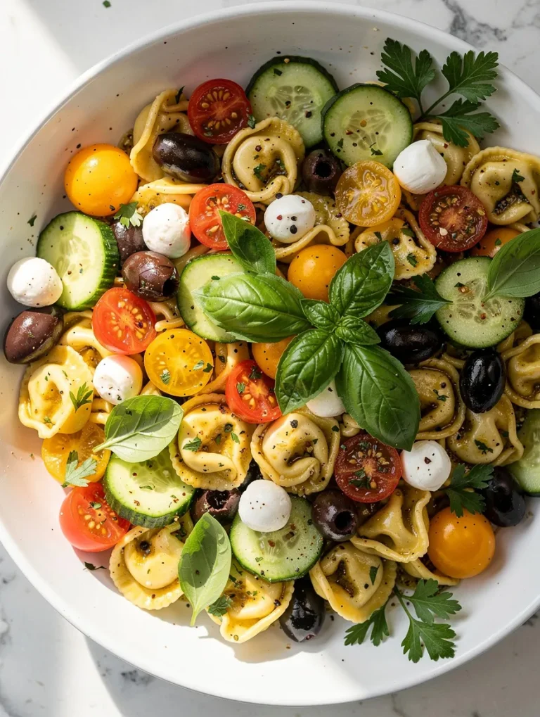 Cold tortellini pasta salad with cucumbers, olives, mozzarella, and cherry tomatoes