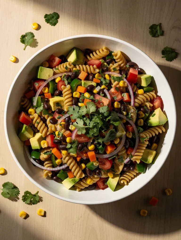 Cowboy caviar pasta salad with black beans, avocado, corn, tomatoes, and rotini pasta