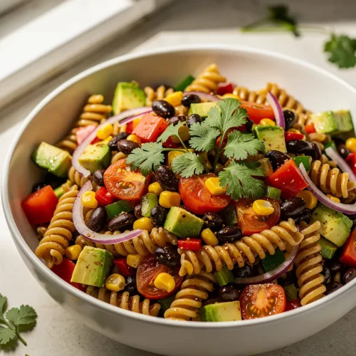 Cowboy caviar pasta salad with black beans, avocado, corn, tomatoes, and cilantro garnish