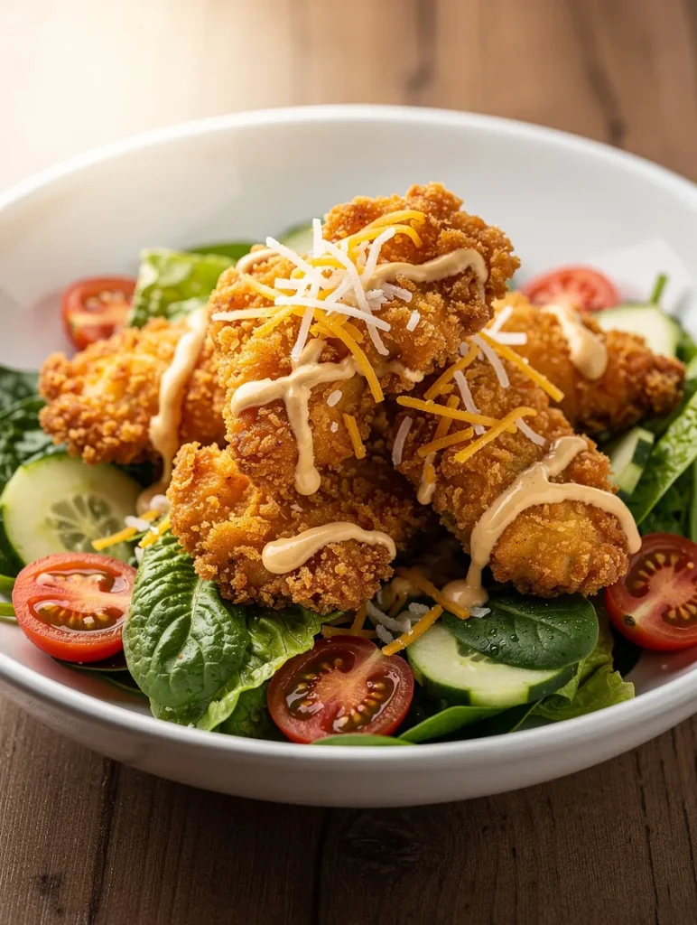 Crispy fried chicken salad with cherry tomatoes, cucumber, greens, and creamy dressing