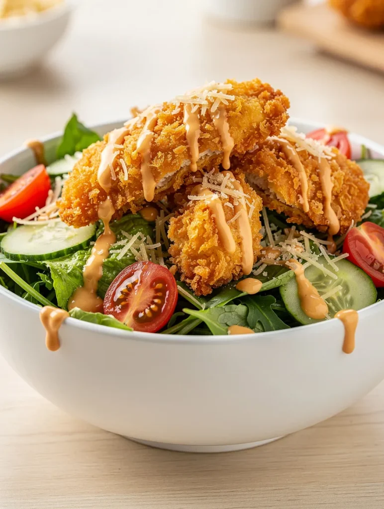 Crispy chicken salad with cucumbers, cherry tomatoes, greens, and creamy dressing drizzle