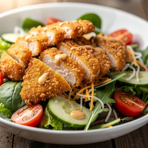 Crispy chicken salad with sliced fried chicken, cucumbers, cherry tomatoes, and greens