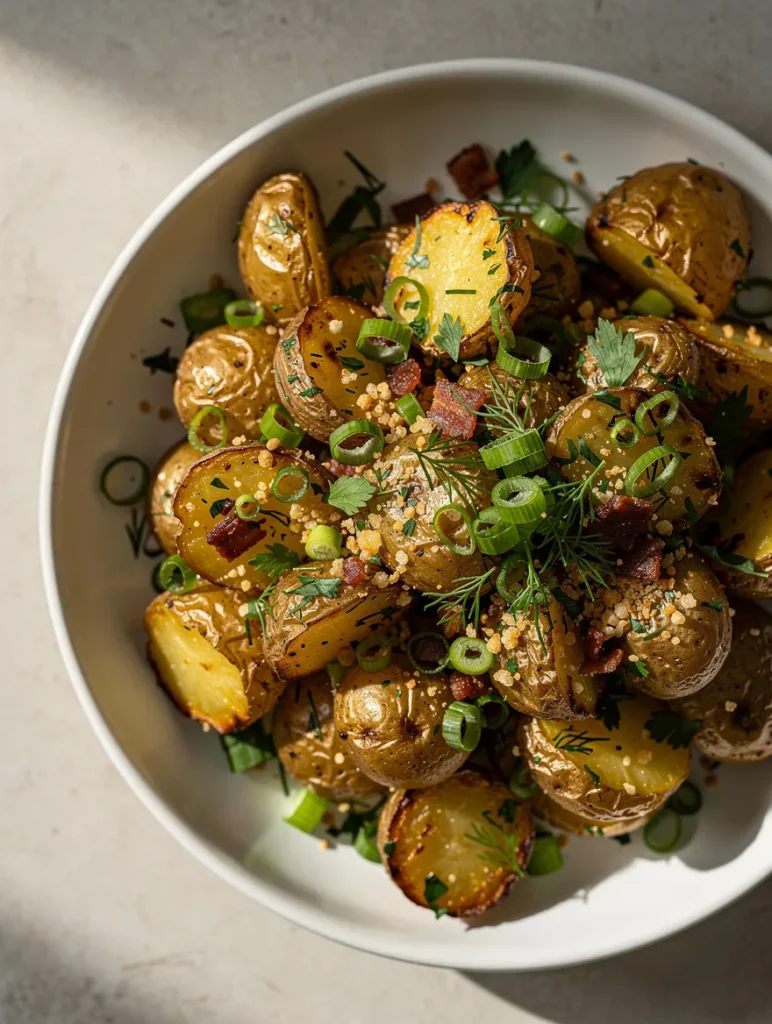 Crispy roasted potato salad with herbs, green onions, and crunchy topping