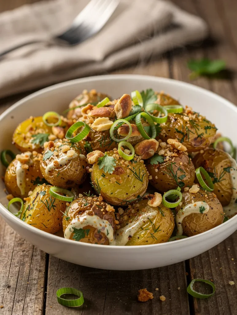 Crispy potato salad with roasted baby potatoes, creamy dressing, herbs, and crunchy topping