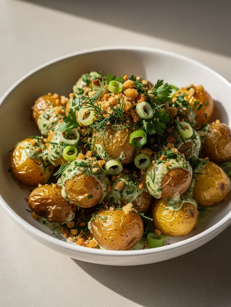 Crispy potato salad with roasted baby potatoes, herbs, and creamy dressing