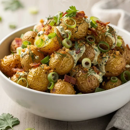 Warm crispy potato salad with creamy herb sauce, bacon, and green onions