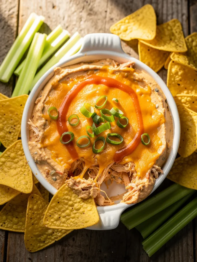 Dairy free buffalo chicken dip with melted cheese, green onions, tortilla chips, and celery sticks