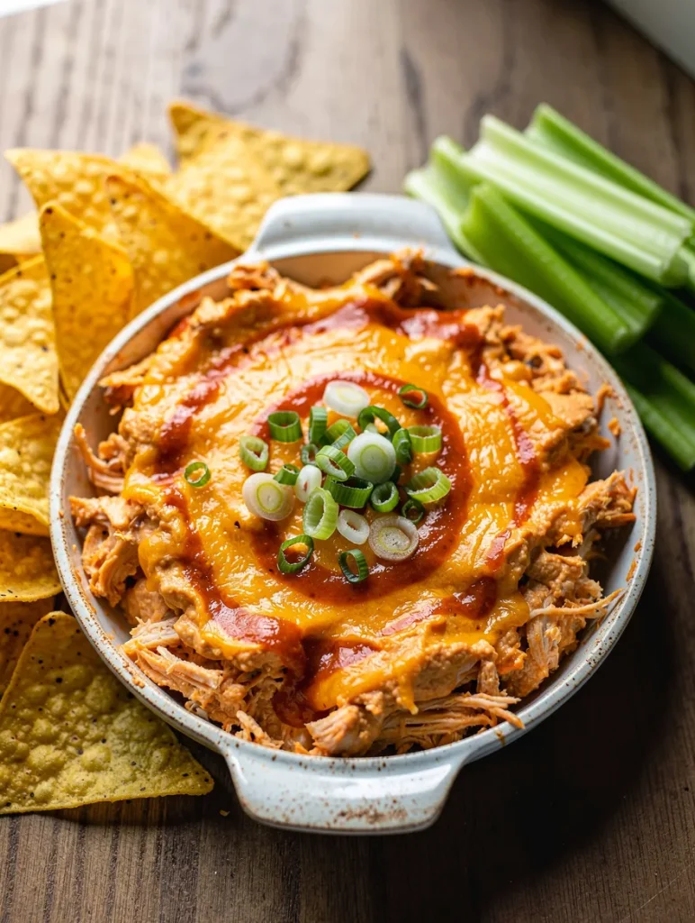 Hot dairy free buffalo chicken dip with melted cheese, green onions, tortilla chips, and celery
