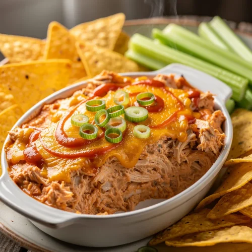 Creamy dairy free buffalo chicken dip topped with melted cheese, green onions, tortilla chips, and celery sticks