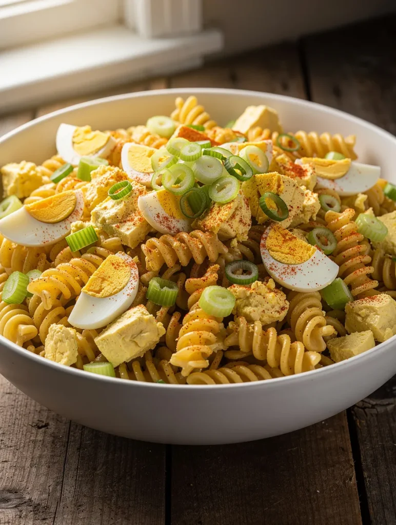 Creamy deviled eggs pasta salad with rotini pasta, hard-boiled eggs, paprika, and green onions