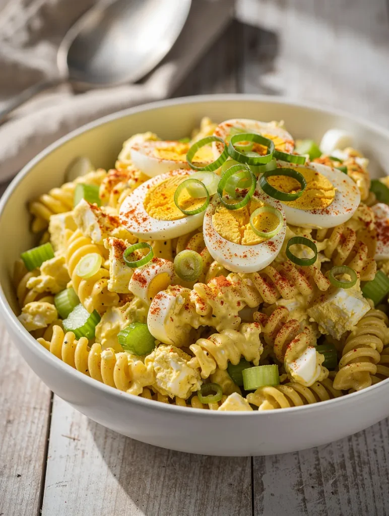 Deviled eggs pasta salad with rotini, creamy dressing, sliced eggs, celery, and green onions