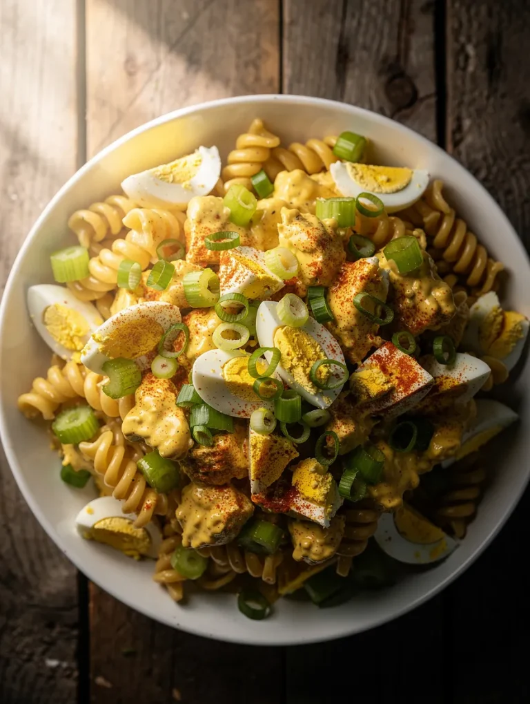 Deviled eggs pasta salad with rotini pasta, chopped eggs, green onions, and creamy dressing