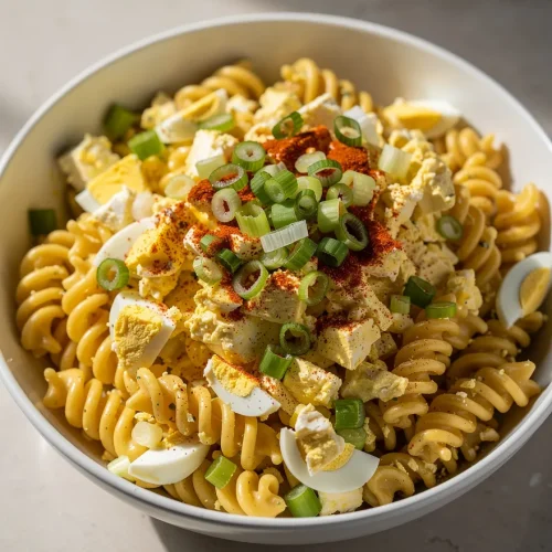 Creamy deviled eggs pasta salad topped with paprika, green onions, and chopped hard-boiled eggs