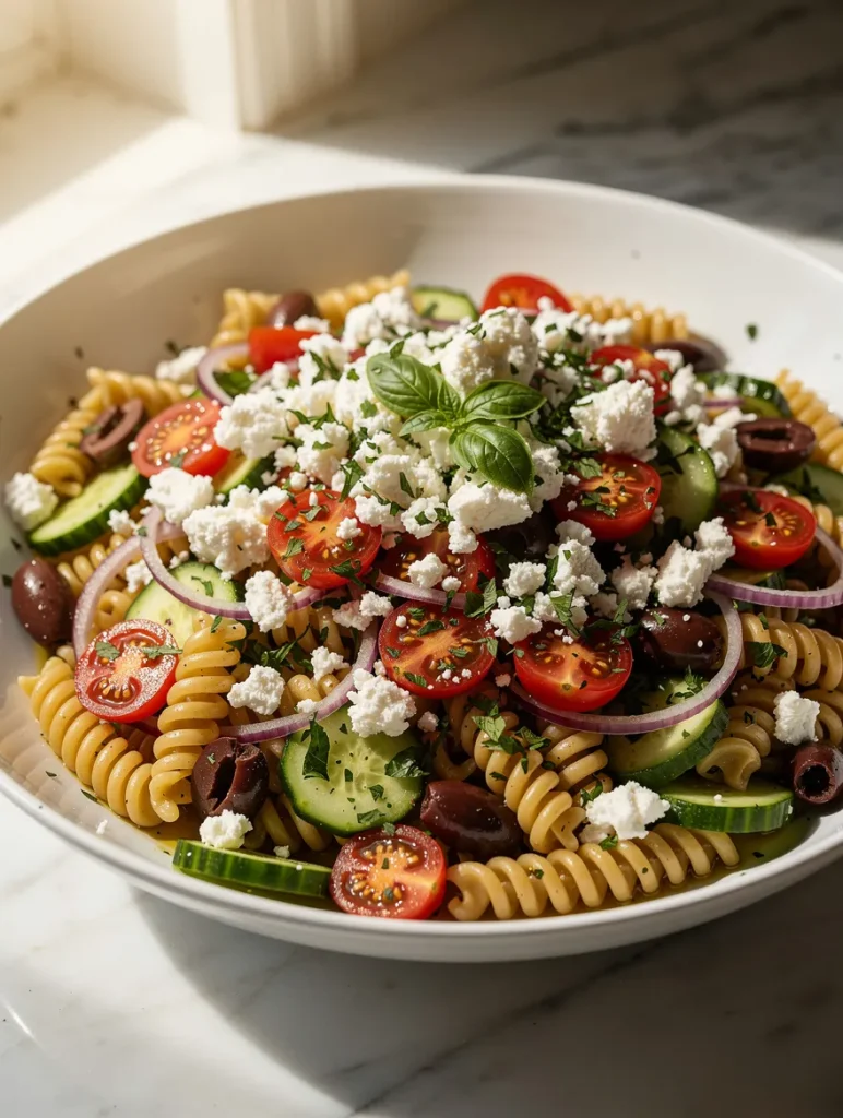 Mediterranean feta pasta salad with rotini, cherry tomatoes, cucumbers, and olives