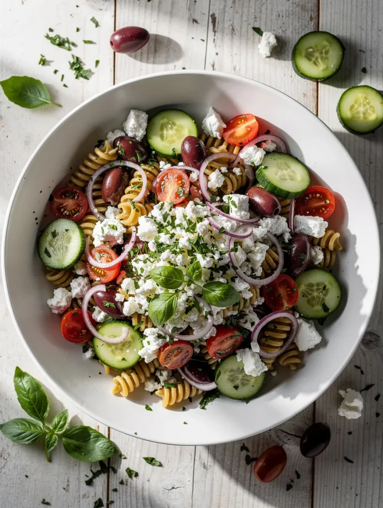 Greek-inspired feta pasta salad with cucumbers, olives, tomatoes, and herbs