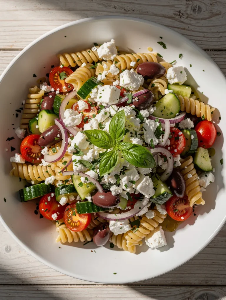 Feta Mediterranean pasta salad with cucumbers, olives, tomatoes, and red onion