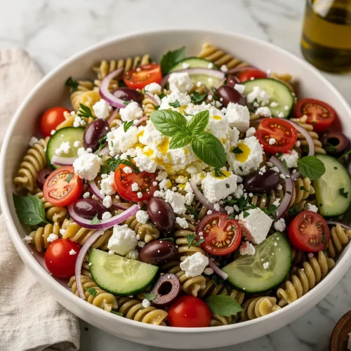 Mediterranean feta pasta salad with olives, cucumbers, cherry tomatoes, and rotini pasta