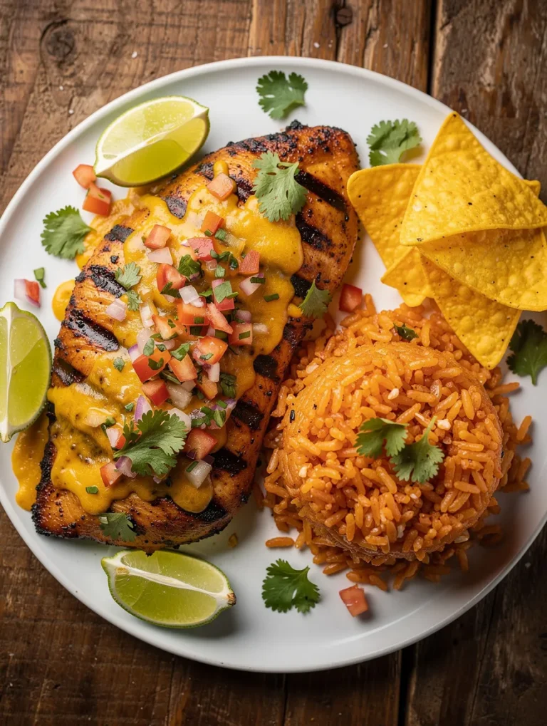 Fiesta lime chicken with Mexican rice, tortilla chips, pico de gallo, and melted cheese